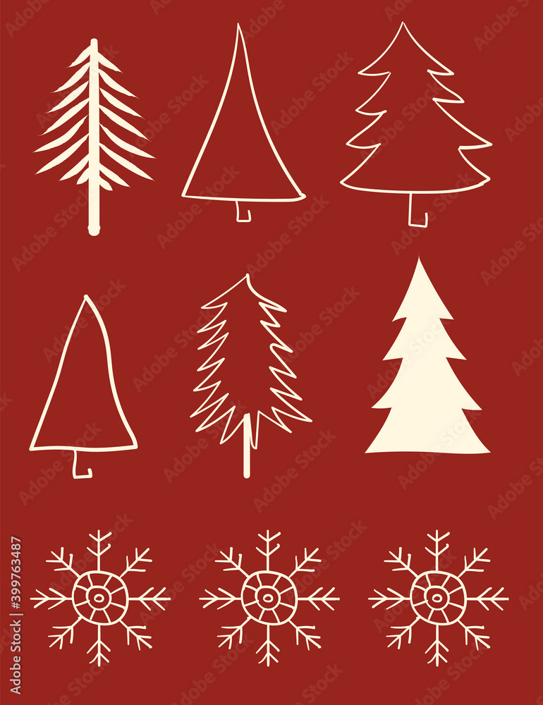 Various snowflakes and christmas tree shapes on red background