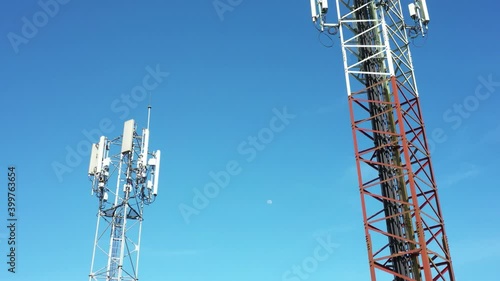 Footage 4k B-roll Aerial drone view of tower antennas Telecommunication cell phone, radio transmitters of cellular 5g 4g mobile and smartphones