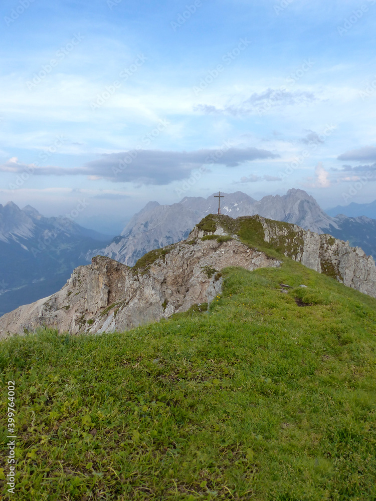 Summit cross of Grubigstein mountain, Lechtal Alps, Tyrol, Austria