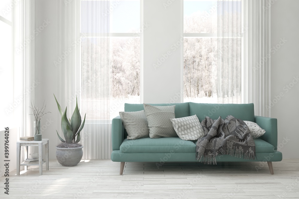 Fototapeta premium White living room with sofa and winter landscape in window. Scandinavian interior design. 3D illustration