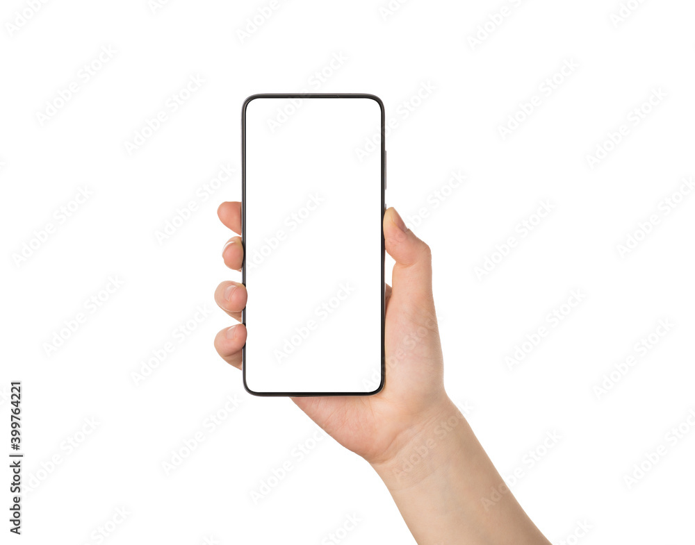 Using modern technology concept. Cropped close up photo of female student hand holding smart phone showing blank white screen isolated background Using modern technology concept. Cropped close up photo of female student hand holding smart phone showing blank white screen isolated background