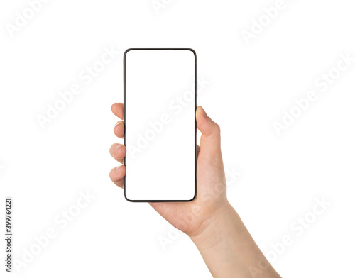 Using modern technology concept. Cropped close up photo of female student hand holding smart phone showing blank white screen isolated background