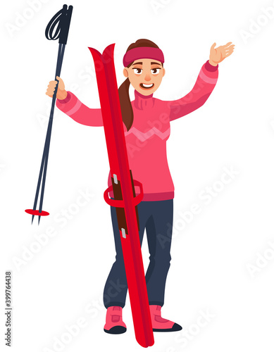 Joyful woman with skis. Female character in cartoon style.