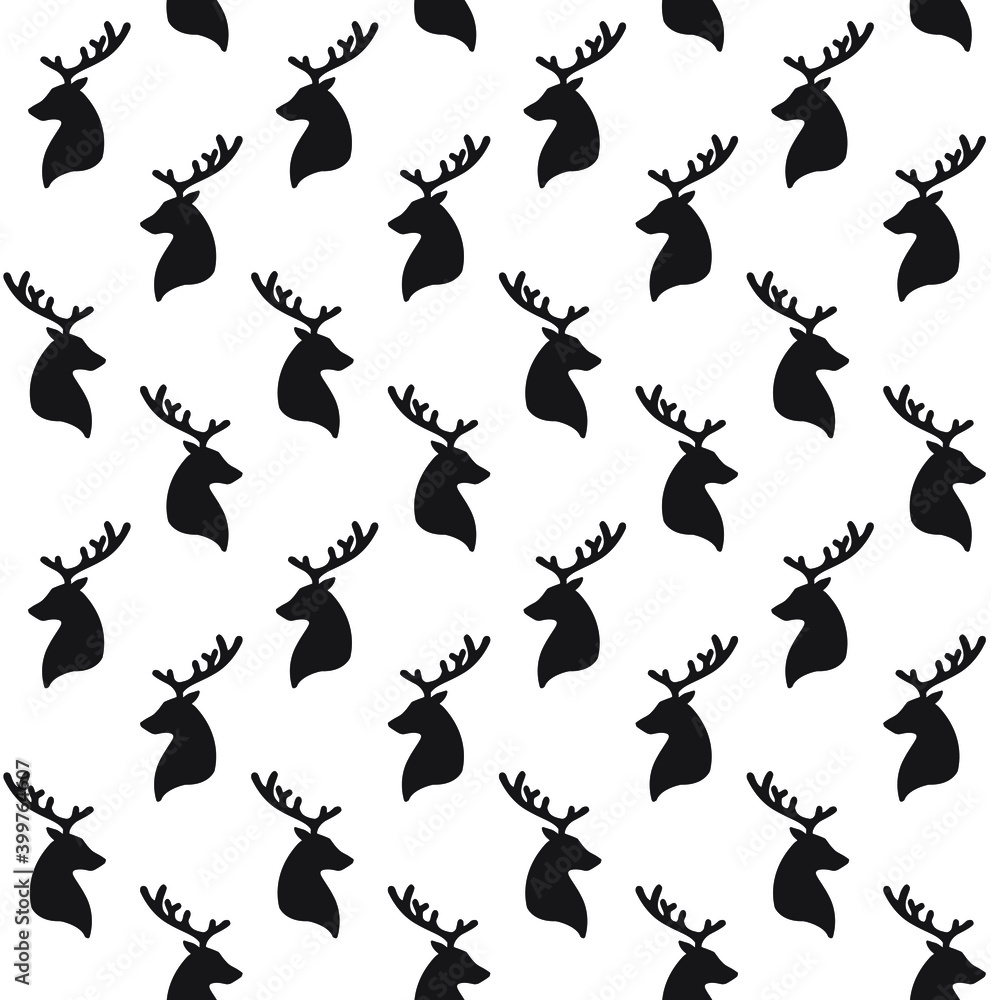 Fototapeta premium Vector seamless pattern of deer head silhouette isolated on white background