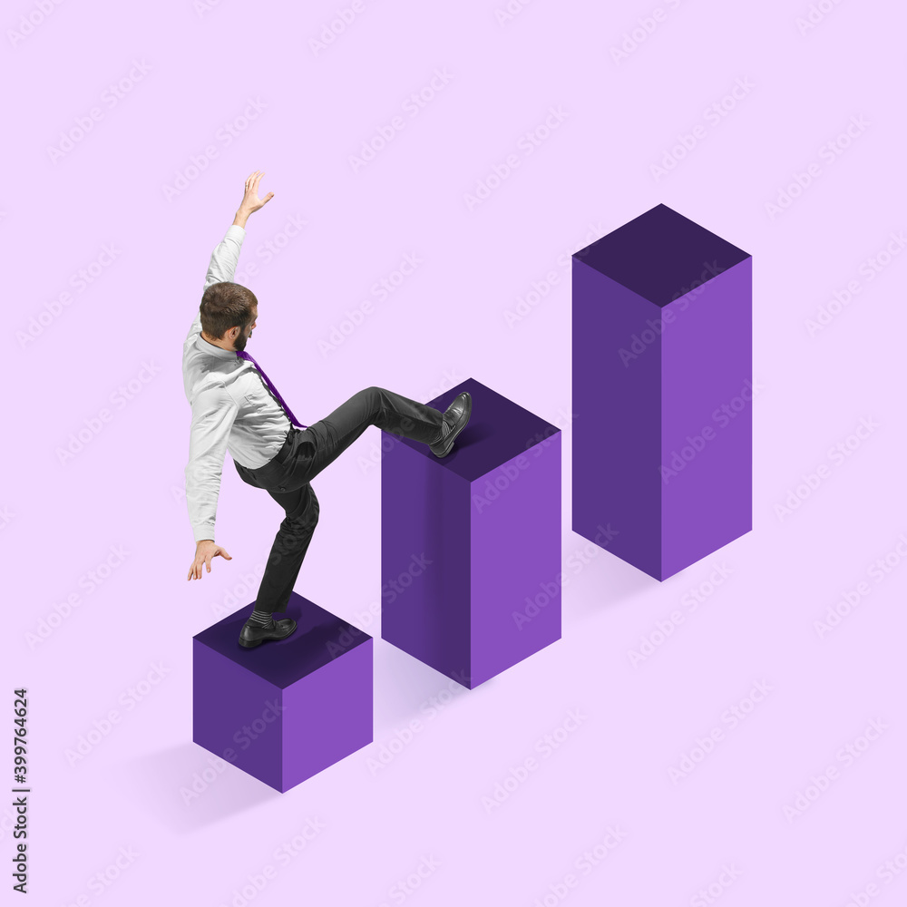 Manager taking step of career stairs up, balancing. Copyspace to insert your text. Modern design. Contemporary art. Creative conceptual and colorful collage. Office worker lifestyle concept.