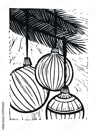 Vector image of  Christmas tree toys with a Christmas tree branch. Image of a Christmas tree toy.
