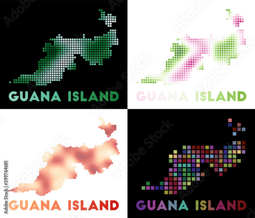 Guana Island map. Collection of maps of Guana Island in dotted style. Borders of the island filled with rectangles for your design. Vector illustration.