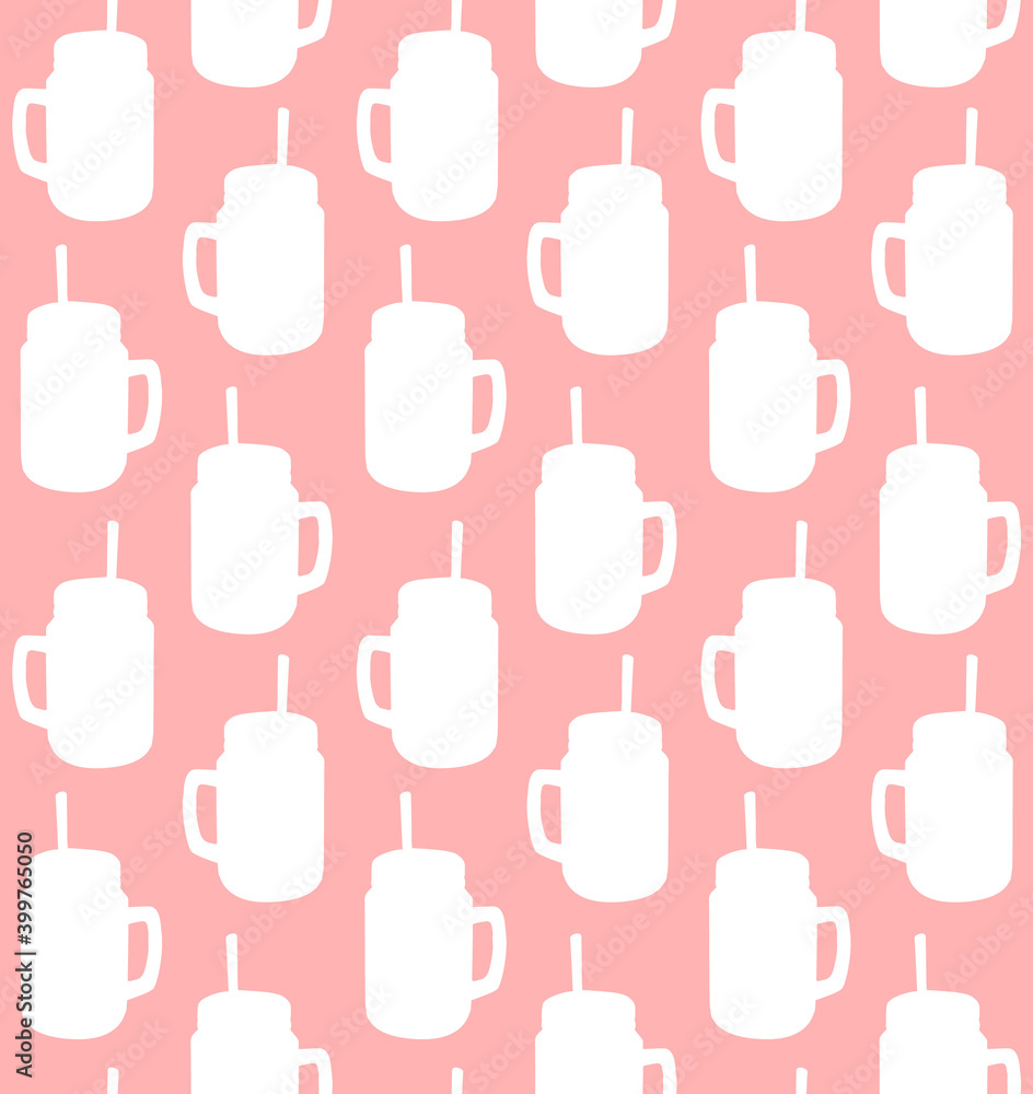 Vector seamless pattern of white hand drawn smoothie jar cup silhouette isolated on pink background Vector seamless pattern of white hand drawn smoothie jar cup silhouette isolated on pink background
