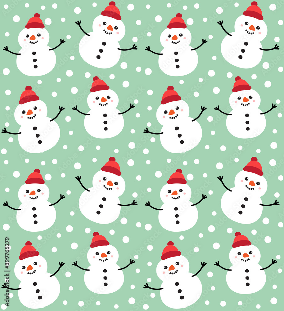 Vector seamless pattern of hand drawn doodle flat snowman isolated on mint green background