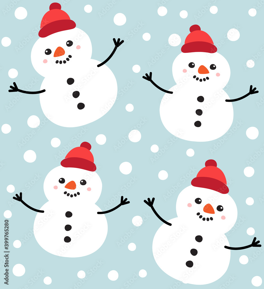 Vector seamless pattern of hand drawn doodle flat snowman isolated on blue background