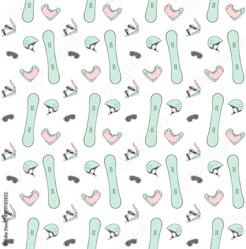 Vector seamless pattern of colored hand drawn doodle sketch snowboard equipment isolated on white background