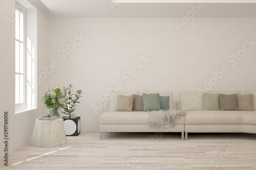 White living room with sofa. Scandinavian interior design. 3D illustration