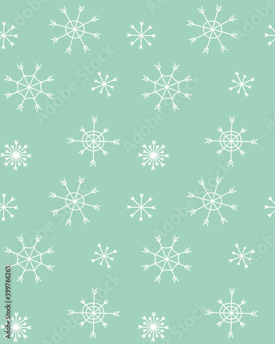 Vector seamless pattern of white hand drawn doodle sketch snowflakes isolated on mint background