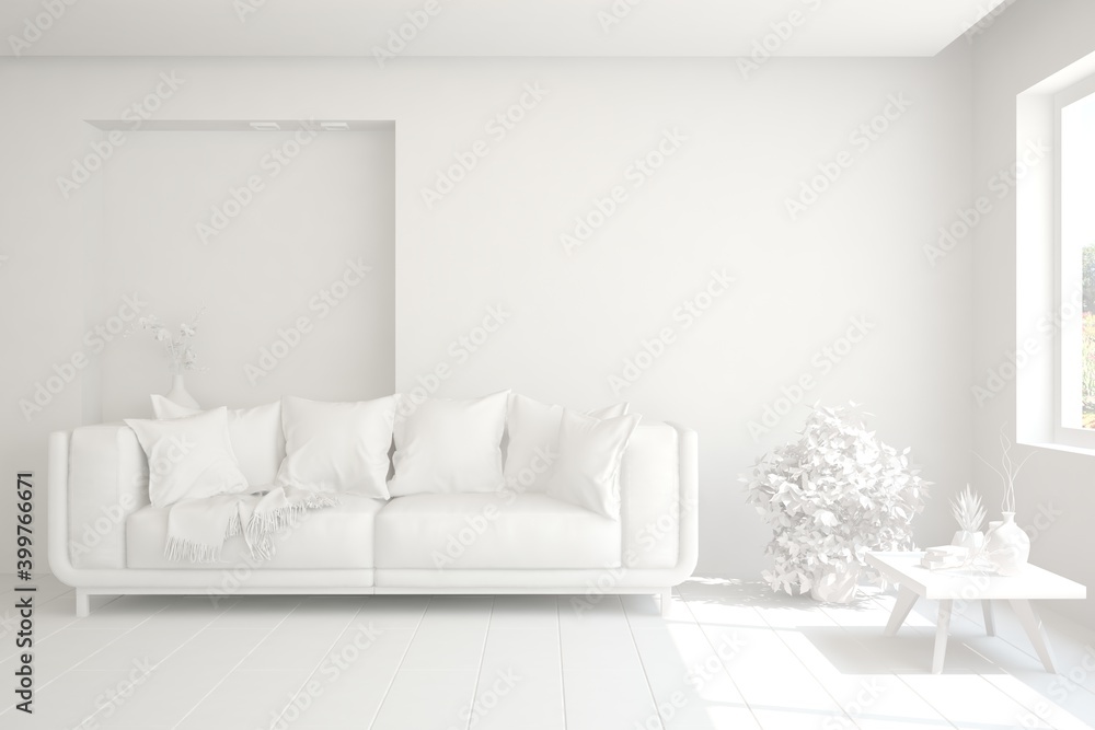 White minimalist living room with sofa. Scandinavian interior design. 3D illustration White minimalist living room with sofa. Scandinavian interior design. 3D illustration