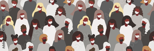 masked people. lockdown poster. people in masks. black lives matter poster or web banner. society wearing masks against coronavirus. stop covid background.lockdown banner or poster for social media