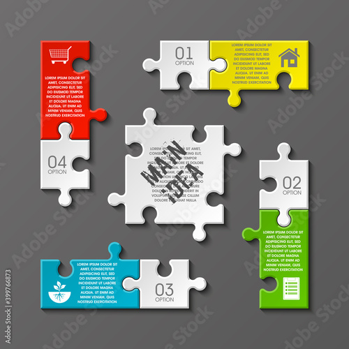 Puzzle four piece business presentation. Square infograph. Circle 4 Step process diagram card. Section compare service banner. Vector illustration template color shape . 3d Abstract Background