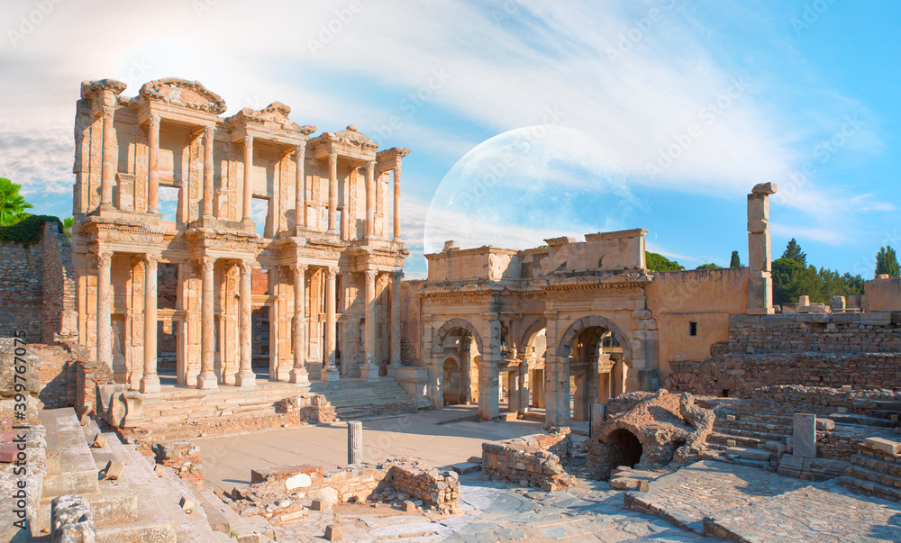Celsus Library in Ephesus with full moon - Kusadasi, Turkey  