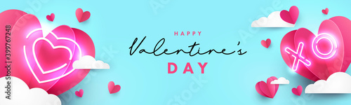 Valentines Day modern design for Website header, greeting or Sale banner, flyer, poster in paper cut style with frame made of cute flying Origami Hearts over clouds and neon lighting heart and Xo text