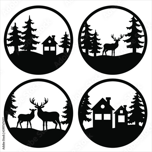  Deer in the forest layout for plotter. Christmas toys for engraving. Isolate on white background