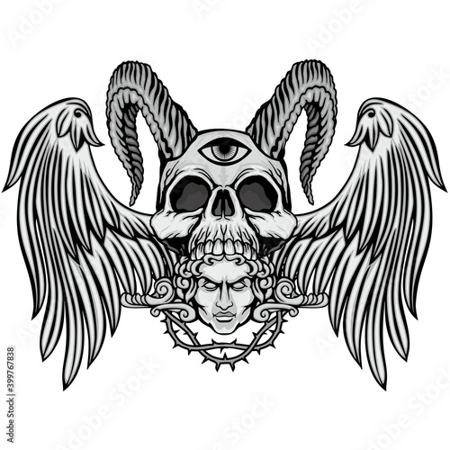 Gothic skull with horns, grunge vintage design t shirts