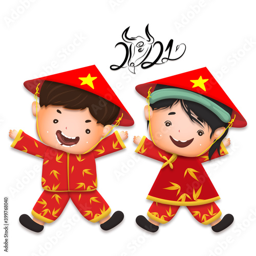 Happy lunar new year 2021 greeting card with cute boy, girl happy smile so funny. Kids hold gold ingots cartoon character. Year of the Ox