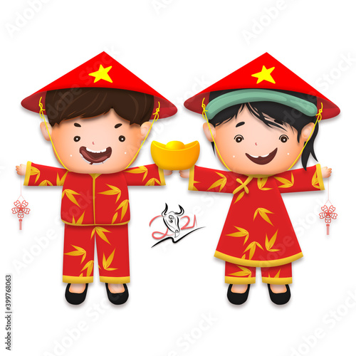 Happy lunar new year 2021 greeting card with cute boy, girl happy smile so funny. Kids hold gold ingot cartoon character. Year of the Ox