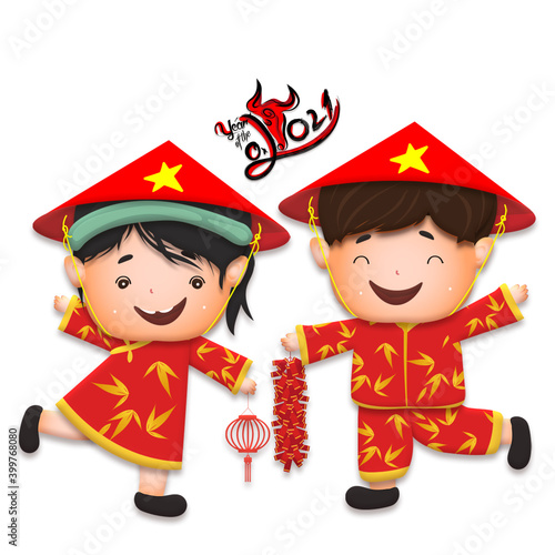 Happy lunar new year 2021 greeting card with cute boy, girl happy smile so funny. Kids hold firecrackers cartoon character. Year of the Ox