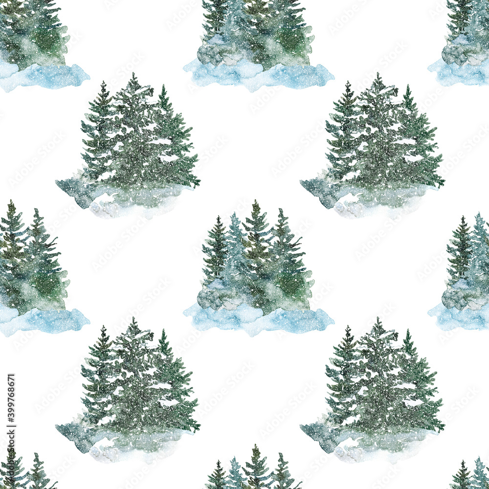 Winter snowy conifer forest seamless pattern. Watercolor spruce and pine tree background. Christmas packaging design, cards, invitation, wrapping paper. Nature landscape print.