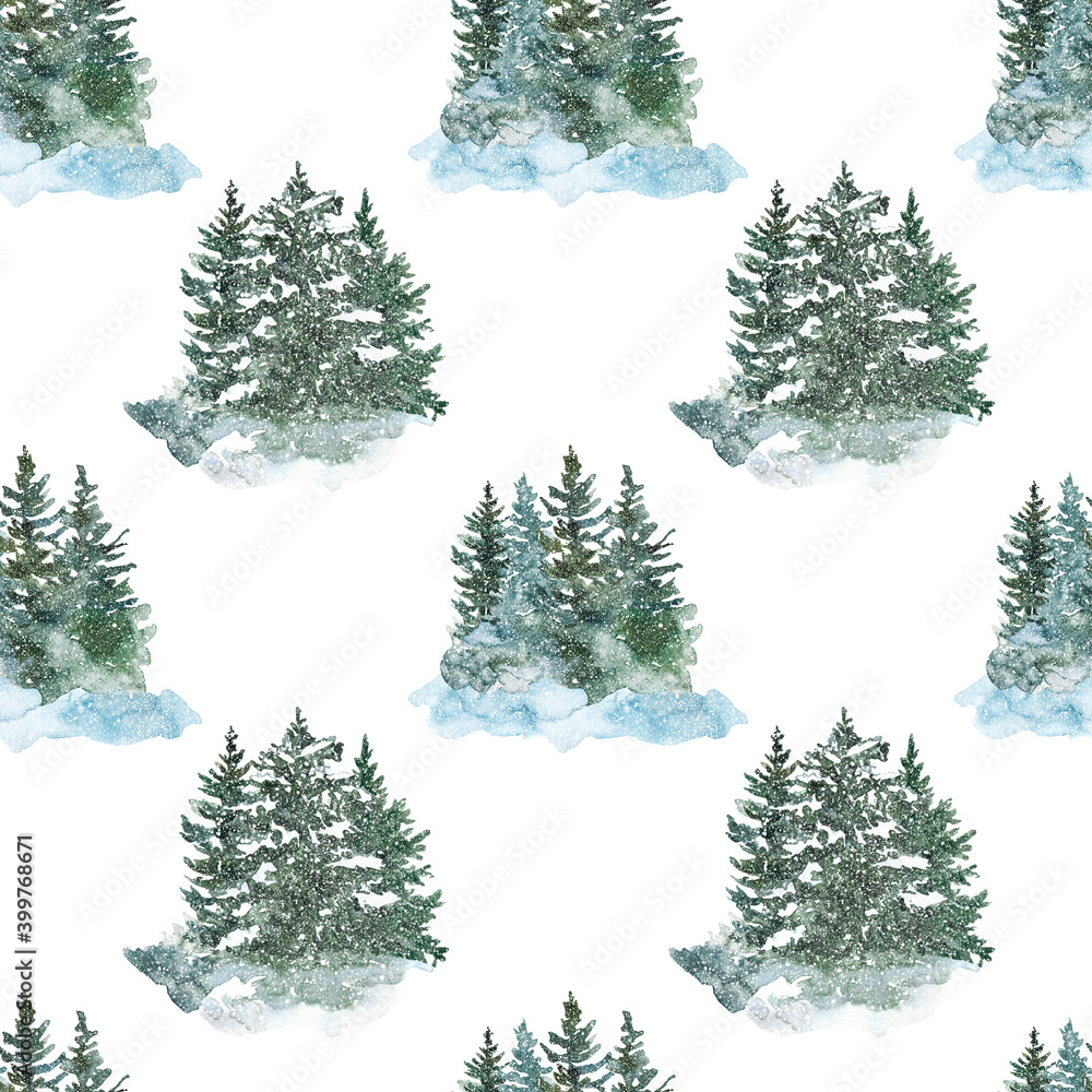 Obraz premium Winter snowy conifer forest seamless pattern. Watercolor spruce and pine tree background. Christmas packaging design, cards, invitation, wrapping paper. Nature landscape print.