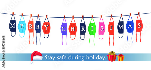 Wear mask stay safe during Christmas infographic vector illustrator. Face masks hang on line written Chrismast greetings.