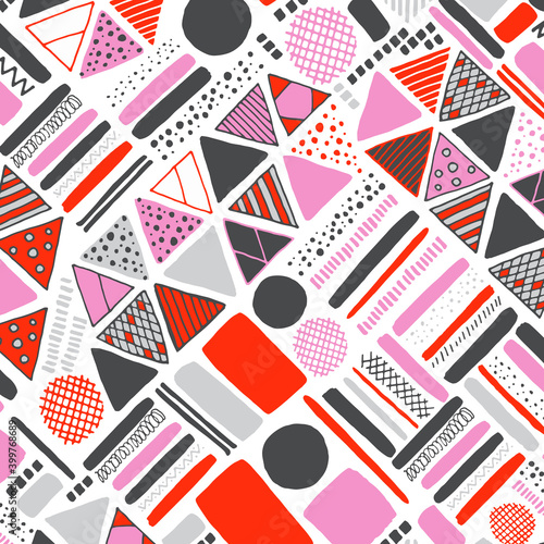 abstract geometric pattern with red and pink triangle line grunge texture on white.