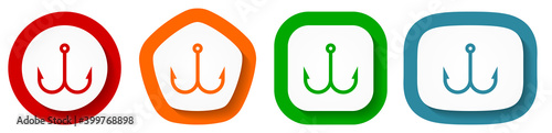 Fishing hook vector icon set, flat design buttons on white background