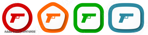 Pistol, gun, weapon vector icon set, flat design buttons on white background