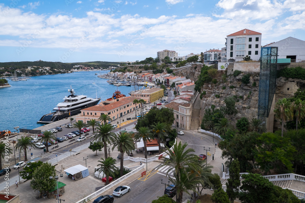 Menorca, Spain - August 5, 2020: Panoramic view of the town of Mahón. Menorca, Balearic Islands. Spain.