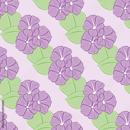 Morning glory vector repeat pattern. Cute purple flowers and leaves illustration background.