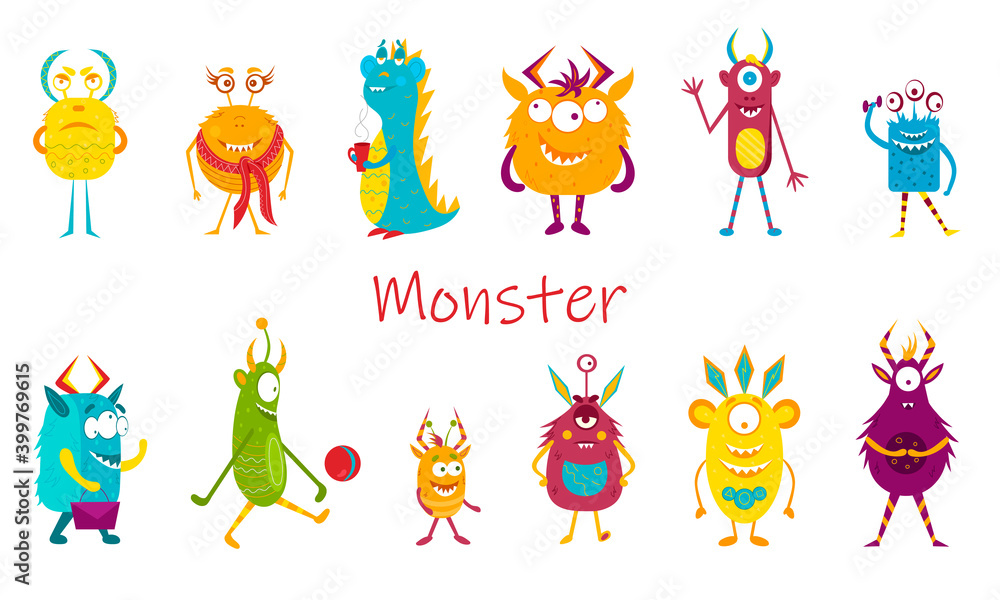 Set of cartoon monsters. Halloween monster set collection. Vector illustration