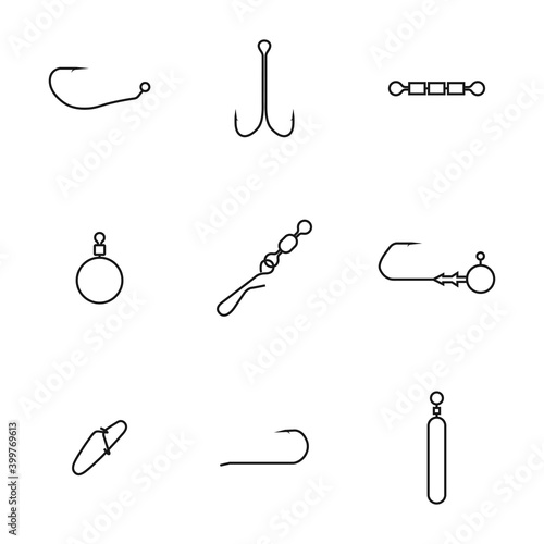 Set of different spinning fishing accessories and tackles, vector illustration.