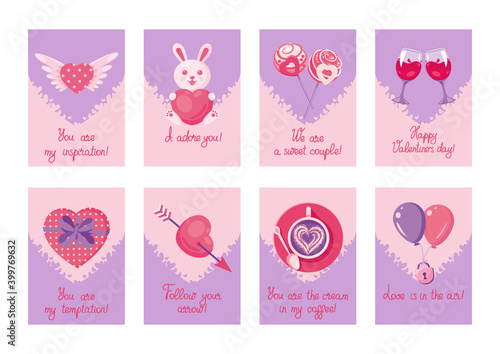 A set of postcards for Valentine's day with various elements and original hand-made signatures. Vector illustration, postcard, tag, label, gift