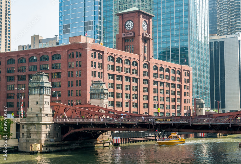 View of Reid Murdoch Building with clock from below by the Chicago river, Illinois, USA