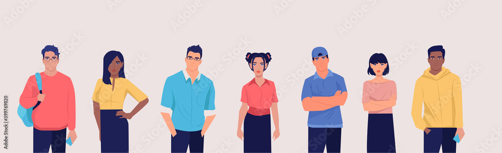 Obraz premium Vector of a group of multicultural students in casual clothes.