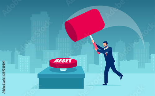 Vector of a business man with a hammer resetting economy after COVID-19 lockdown