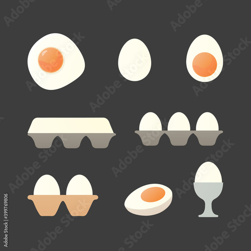 Chicken egg set. Breakfast vector isometric illustration. Isolated on black background.