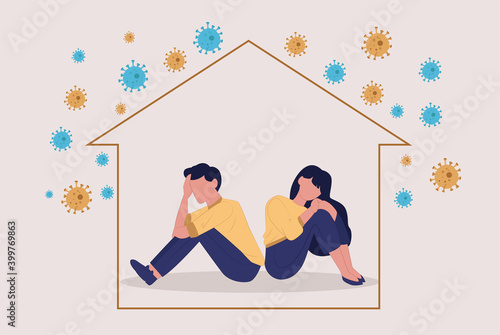 Vector of a sad depressed couple man and woman sitting back to back inside a house during COVID-19 pandemic