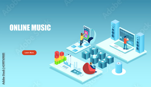 Vector of people listening, creating music on their devices