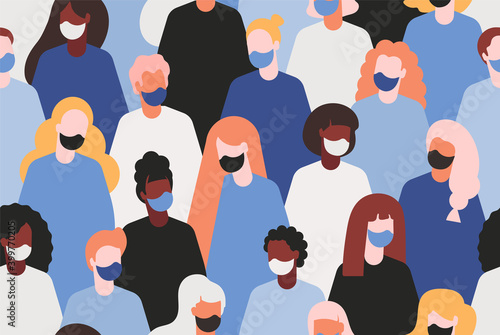 people wearing medical masks pattern.Coronavirus lockdown  background.quarantine concept.Crowd of people.Seamless Pattern With People Of Different Nationalities Wearing Medical Masks.