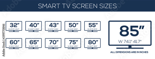 Smart TV sizes screen, Led television display. Diagonal screen size in 32, 40, 43, 50, 55, 60, 65, 70, 75, 80, 85 inches, vector icon set.