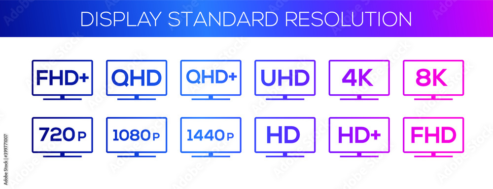 Display standard resolution, Smart tv Resolution Icon Logo, HD, HD+, FHD,  FHD+, QHD, QHD+, UHD, 4k, 8k, vector icon set. Stock Vector | Adobe Stock