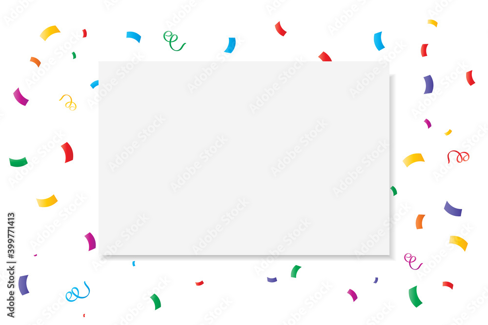 Many falling colorful confetti on background with White Paper Frame. Celebration banner. Vector