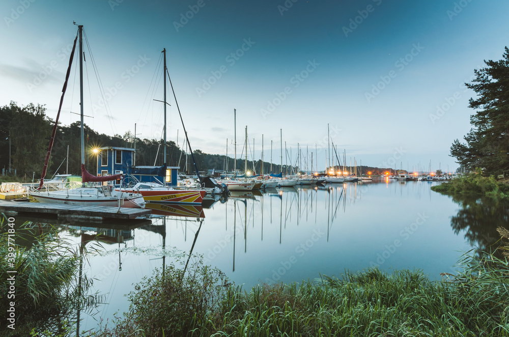 Fototapeta premium Wonderful, quiet autumn morning in Kaunas yacht club in Kaunas city, Lithuania.