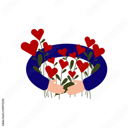 Hands holding a bouquet with hearts instead of flowers. Valentine's Day greeting Card.